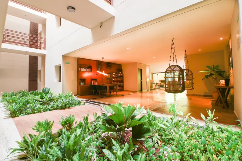 Lobby con jardín interior, librero y sillas colgantes