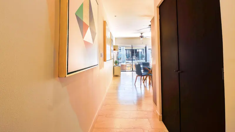 Pasillo de entrada con vista hacia la sala y la terraza