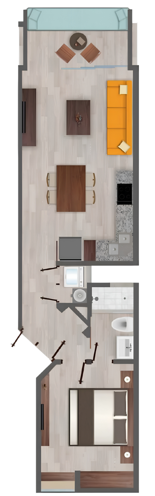 Plano de la unidad 405 de L Condos: terraza, sala, comedor, cocina, baño, centro de lavado y dormitorio